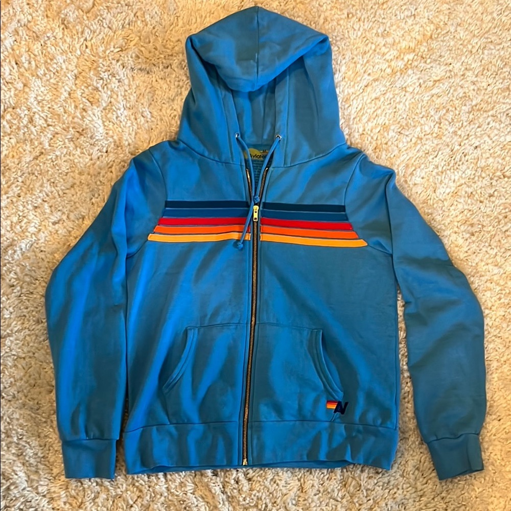 Aviator Nation 5 stripe relaxed zip hoodie 
Color-Ocean